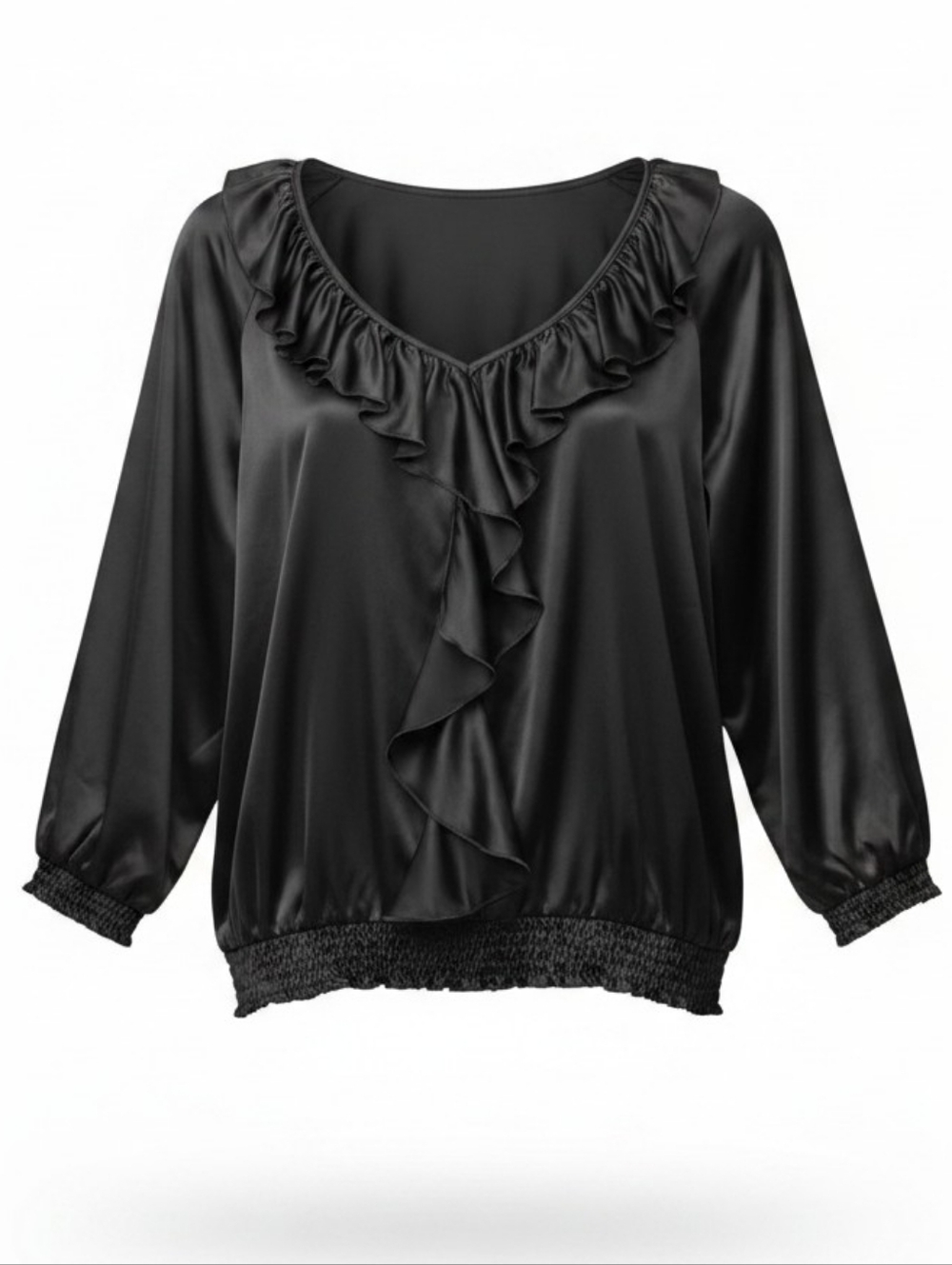WHITE HOUSE BLACK‎ MARKET | 100% Silk Ruffle V-Neck Blouse Goth Puff Black | XL